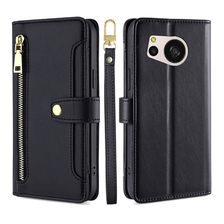 For Sharp Aquos sense8 Sheep Texture Cross-body Zipper Wallet Leather Phone Case(Black) - More Brand by PMC TechLife | Online Shopping South Africa | PMC TechLife | Buy Now Pay Later Mobicred