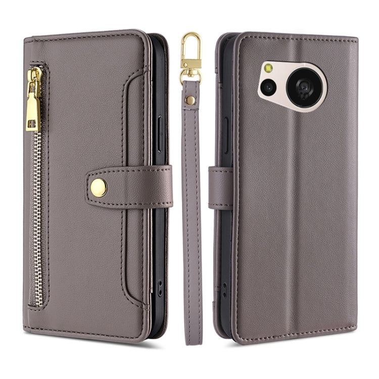 For Sharp Aquos sense8 Sheep Texture Cross-body Zipper Wallet Leather Phone Case(Grey) - More Brand by PMC TechLife | Online Shopping South Africa | PMC TechLife | Buy Now Pay Later Mobicred