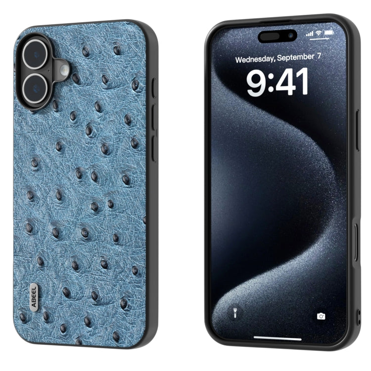 For iPhone 16 ABEEL Genuine Leather Ostrich Texture Phone Case(Blue) - iPhone 16 Cases by PMC TechLife | Online Shopping South Africa | PMC TechLife | Buy Now Pay Later Mobicred