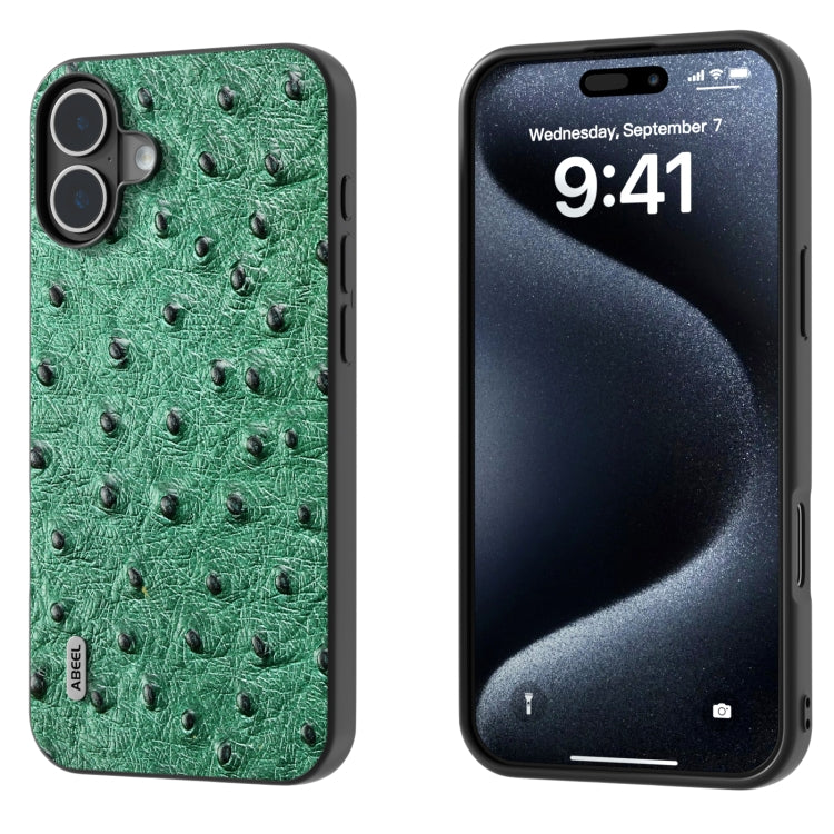 For iPhone 16 Plus ABEEL Genuine Leather Ostrich Texture Phone Case(Green) - iPhone 16 Plus Cases by PMC TechLife | Online Shopping South Africa | PMC TechLife | Buy Now Pay Later Mobicred