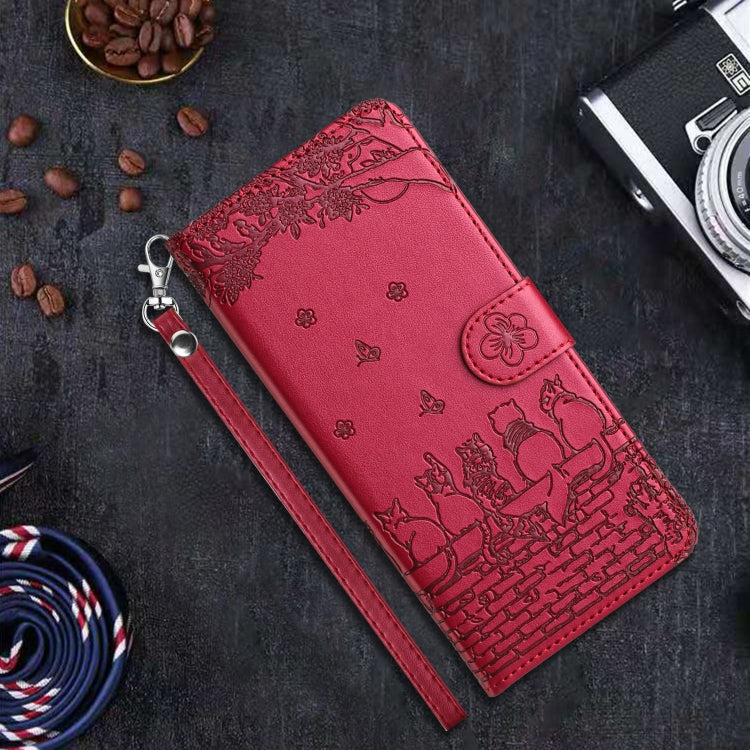 For iPhone 16e Cat Embossing Pattern Leather Phone Case with Lanyard(Red) - iPhone 16e Cases by PMC TechLife | Online Shopping South Africa | PMC TechLife | Buy Now Pay Later Mobicred