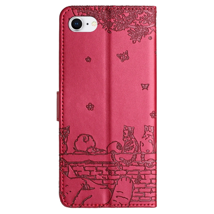 For iPhone 16e Cat Embossing Pattern Leather Phone Case with Lanyard(Red) - iPhone 16e Cases by PMC TechLife | Online Shopping South Africa | PMC TechLife | Buy Now Pay Later Mobicred