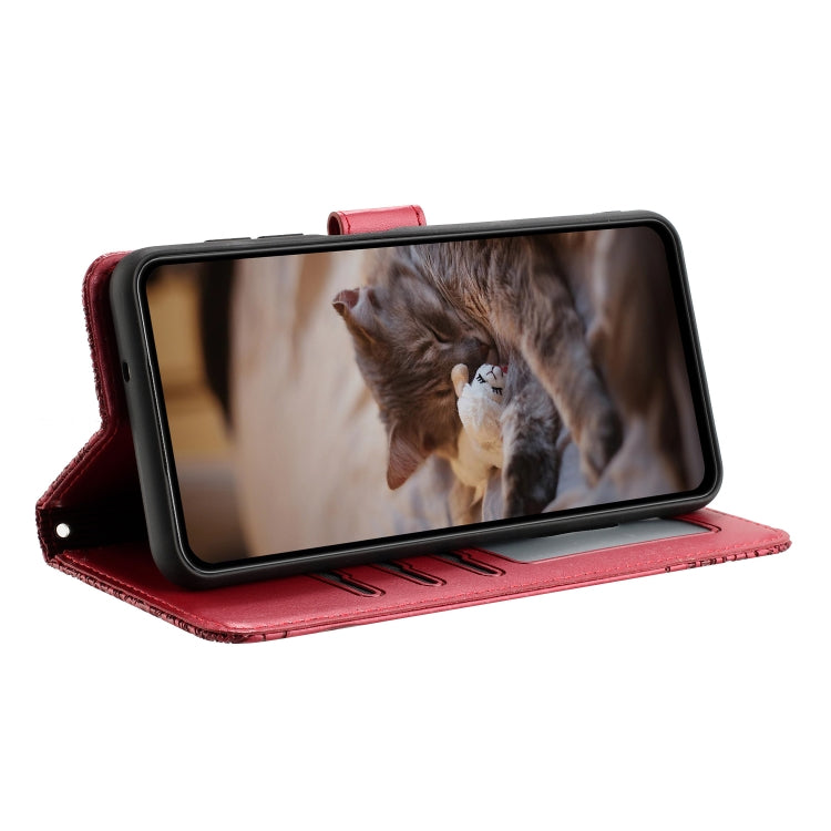 For iPhone 16e Cat Embossing Pattern Leather Phone Case with Lanyard(Red) - iPhone 16e Cases by PMC TechLife | Online Shopping South Africa | PMC TechLife | Buy Now Pay Later Mobicred