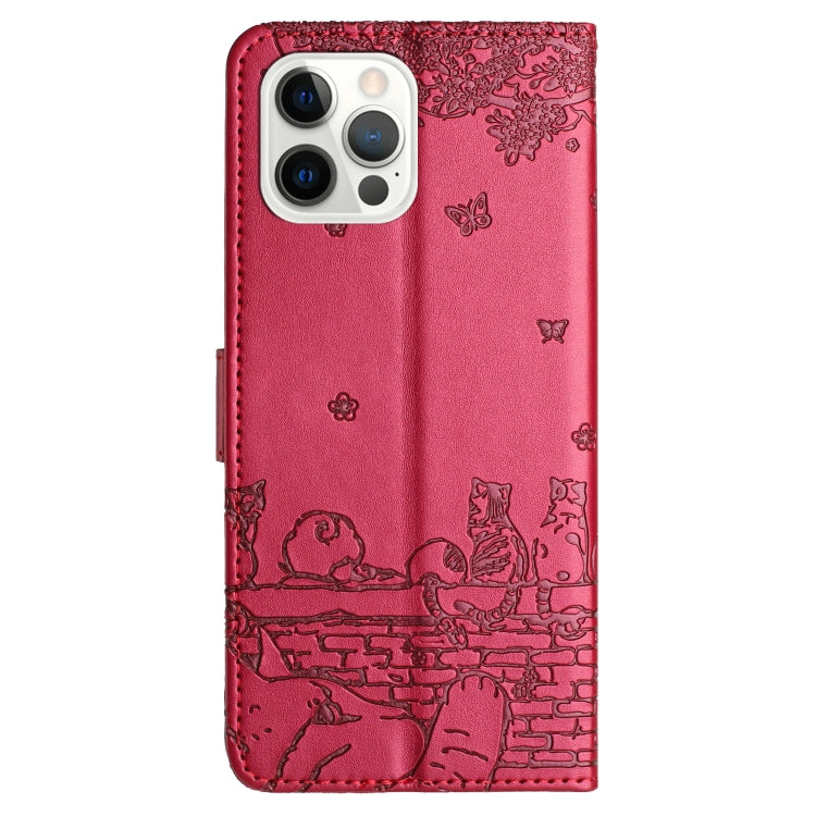 For iPhone 16 Pro Max Cat Embossing Pattern Leather Phone Case with Lanyard(Red) - iPhone 16 Pro Max Cases by PMC TechLife | Online Shopping South Africa | PMC TechLife | Buy Now Pay Later Mobicred