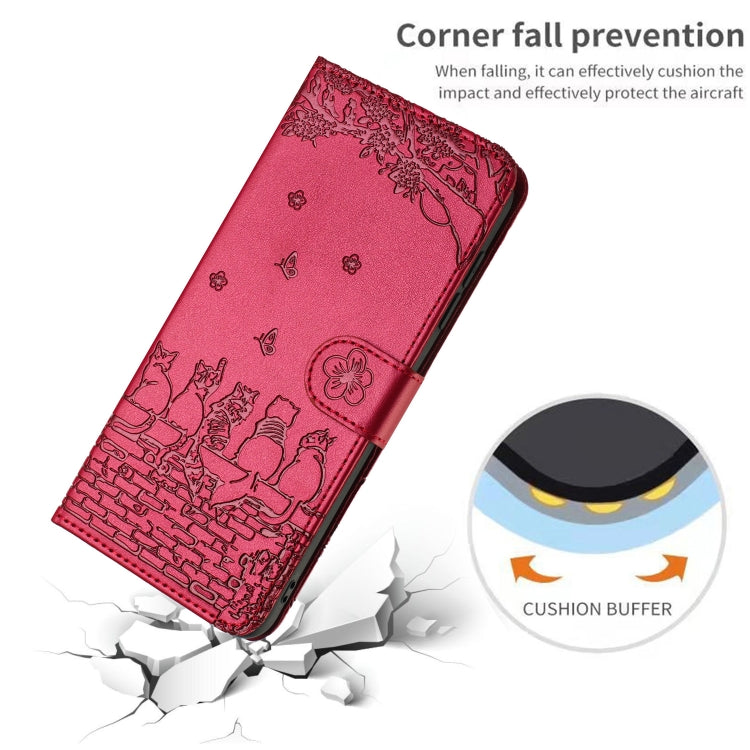 For iPhone 16 Plus Cat Embossing Pattern Leather Phone Case with Lanyard(Red) - iPhone 16 Plus Cases by PMC TechLife | Online Shopping South Africa | PMC TechLife | Buy Now Pay Later Mobicred