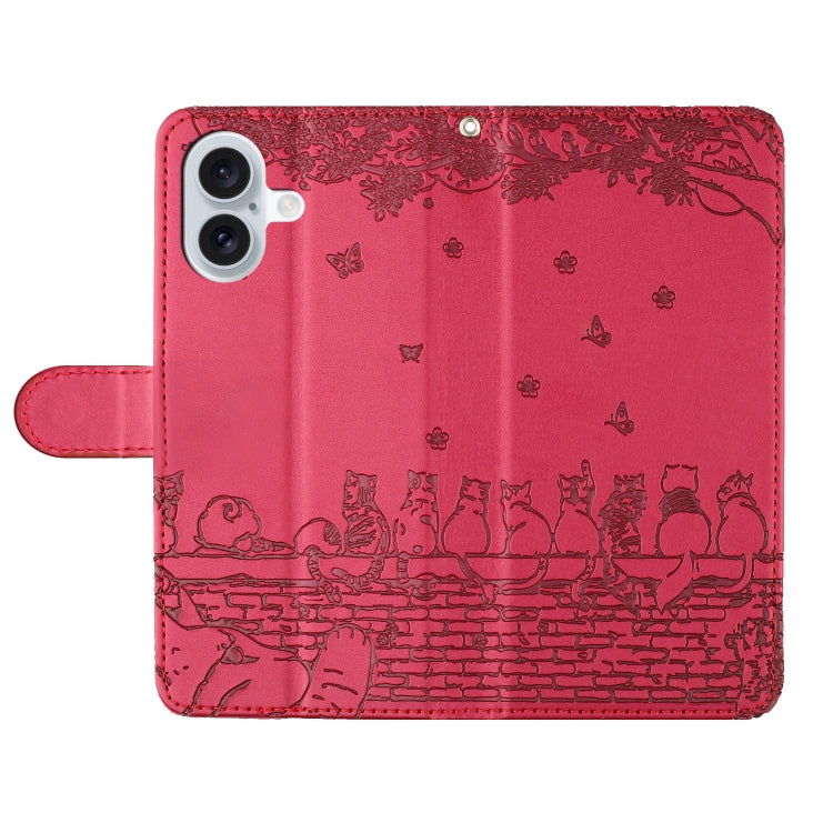 For iPhone 16 Cat Embossing Pattern Leather Phone Case with Lanyard(Red) - iPhone 16 Cases by PMC TechLife | Online Shopping South Africa | PMC TechLife | Buy Now Pay Later Mobicred