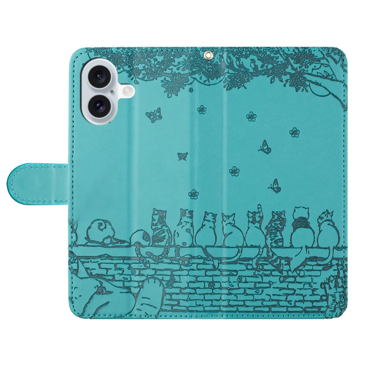 For iPhone 16 Cat Embossing Pattern Leather Phone Case with Lanyard(Blue) - iPhone 16 Cases by PMC TechLife | Online Shopping South Africa | PMC TechLife | Buy Now Pay Later Mobicred