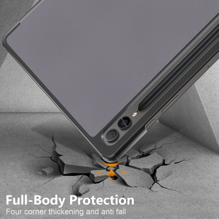 For Samsung Galaxy Tab S9+ Custer Pure Color 3-Fold Holder Smart Leather Tablet Case(Grey) - Galaxy Tab S9+ Cases by PMC TechLife | Online Shopping South Africa | PMC TechLife