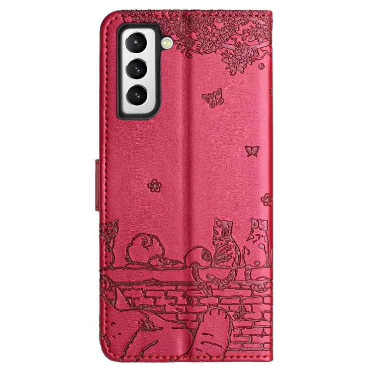 For Samsung Galaxy S22 Cat Embossing Pattern Leather Phone Case with Lanyard(Red) - Galaxy S22 5G Cases by PMC TechLife | Online Shopping South Africa | PMC TechLife