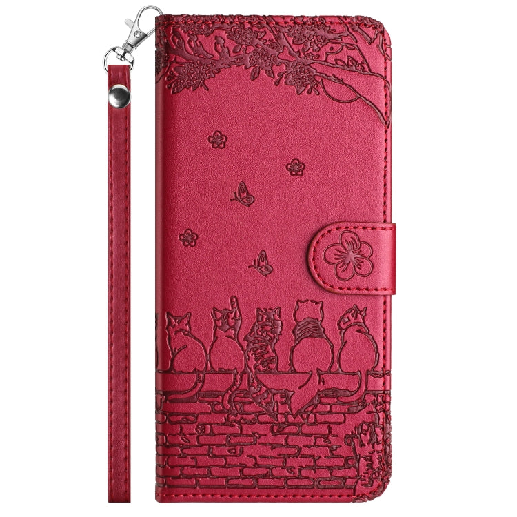 For Xiaomi Poco F5 Pro Cat Embossing Pattern Leather Phone Case with Lanyard(Red) - Xiaomi Cases by PMC TechLife | Online Shopping South Africa | PMC TechLife | Buy Now Pay Later Mobicred