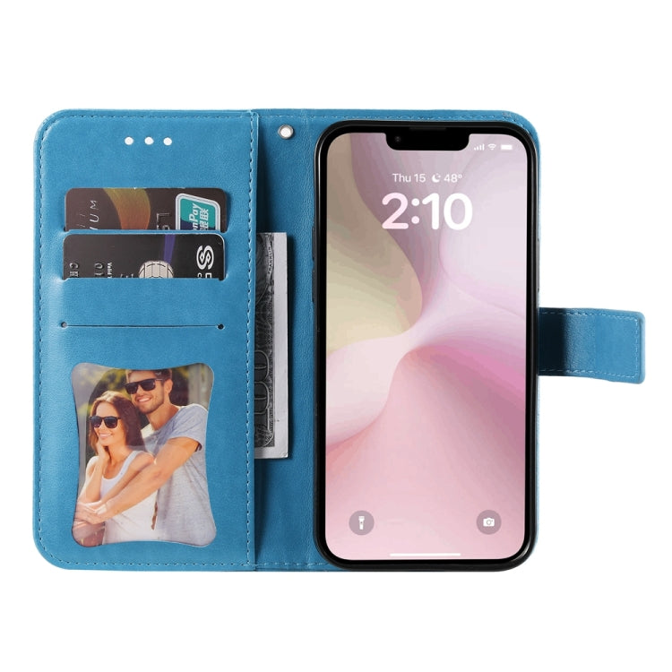 For iPhone 16e Seven-petal Flowers Embossing Leather Phone Case(Blue) - iPhone 16e Cases by PMC TechLife | Online Shopping South Africa | PMC TechLife | Buy Now Pay Later Mobicred
