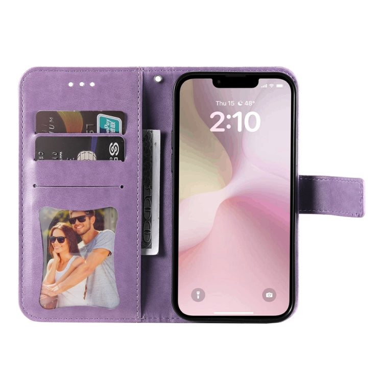 For iPhone 16e Seven-petal Flowers Embossing Leather Phone Case(Light Purple) - iPhone 16e Cases by PMC TechLife | Online Shopping South Africa | PMC TechLife | Buy Now Pay Later Mobicred
