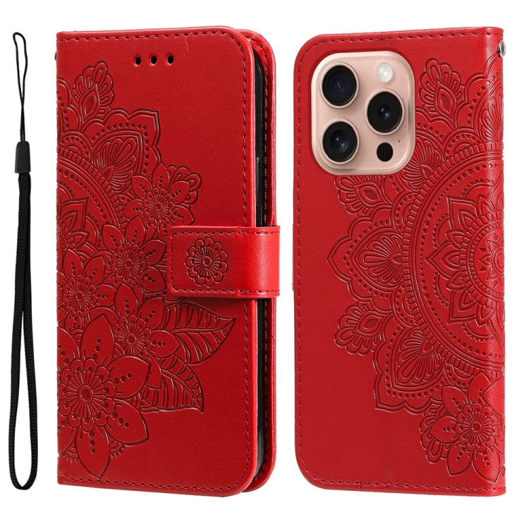 For iPhone 16 Pro 7-petal Flowers Embossing Leather Phone Case(Red) - iPhone 16 Pro Cases by PMC TechLife | Online Shopping South Africa | PMC TechLife | Buy Now Pay Later Mobicred