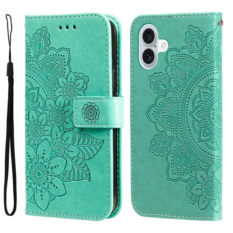 For iPhone 16 Plus Seven-petal Flowers Embossing Leather Phone Case(Green) - iPhone 16 Plus Cases by PMC TechLife | Online Shopping South Africa | PMC TechLife | Buy Now Pay Later Mobicred
