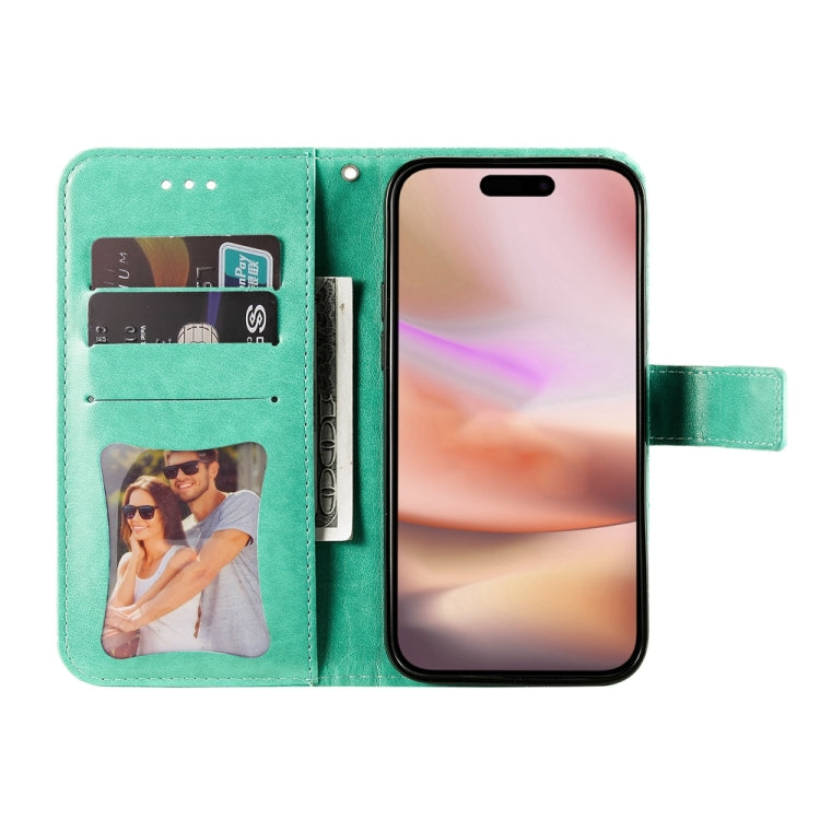 For iPhone 16 Plus Seven-petal Flowers Embossing Leather Phone Case(Green) - iPhone 16 Plus Cases by PMC TechLife | Online Shopping South Africa | PMC TechLife | Buy Now Pay Later Mobicred