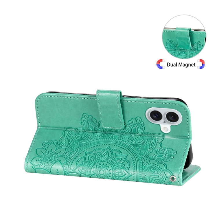 For iPhone 16 Plus Seven-petal Flowers Embossing Leather Phone Case(Green) - iPhone 16 Plus Cases by PMC TechLife | Online Shopping South Africa | PMC TechLife | Buy Now Pay Later Mobicred