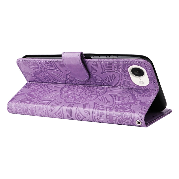 For iPhone 16e Embossed Sunflower Leather Phone Case(Purple) - iPhone 16e Cases by PMC TechLife | Online Shopping South Africa | PMC TechLife | Buy Now Pay Later Mobicred