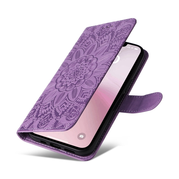 For iPhone 16e Embossed Sunflower Leather Phone Case(Purple) - iPhone 16e Cases by PMC TechLife | Online Shopping South Africa | PMC TechLife | Buy Now Pay Later Mobicred