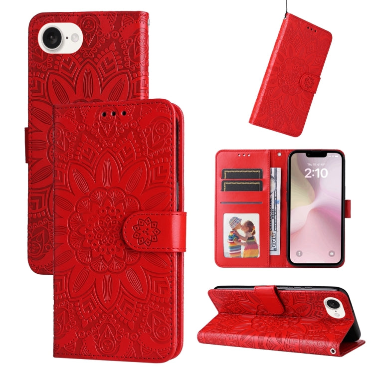 For iPhone 16e Embossed Sunflower Leather Phone Case(Red) - iPhone 16e Cases by PMC TechLife | Online Shopping South Africa | PMC TechLife | Buy Now Pay Later Mobicred