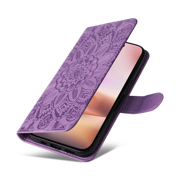 For iPhone 16 Plus Embossed Sunflower Leather Phone Case(Purple) - iPhone 16 Plus Cases by PMC TechLife | Online Shopping South Africa | PMC TechLife | Buy Now Pay Later Mobicred