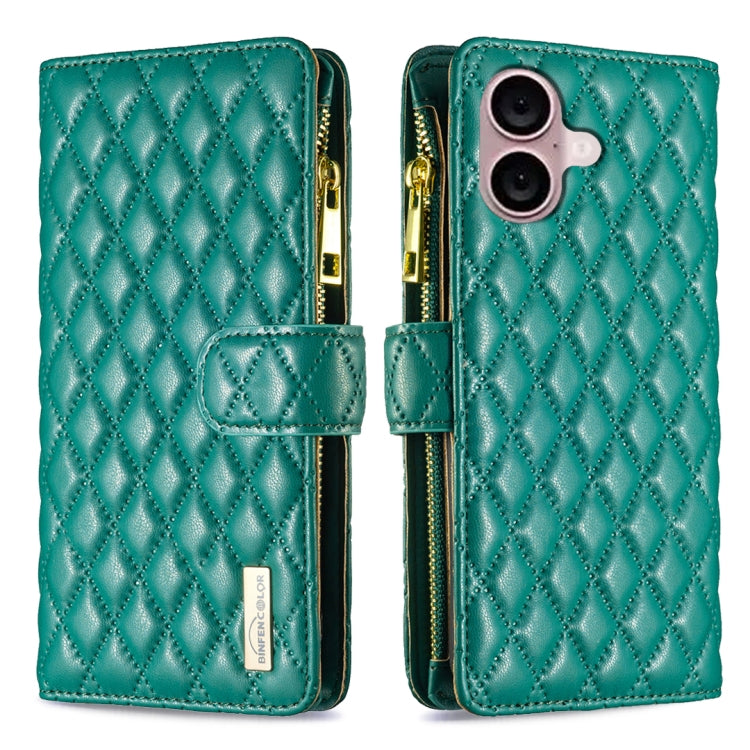 For iPhone 16 Diamond Lattice Zipper Wallet Leather Flip Phone Case(Green) - iPhone 16 Cases by PMC TechLife | Online Shopping South Africa | PMC TechLife | Buy Now Pay Later Mobicred