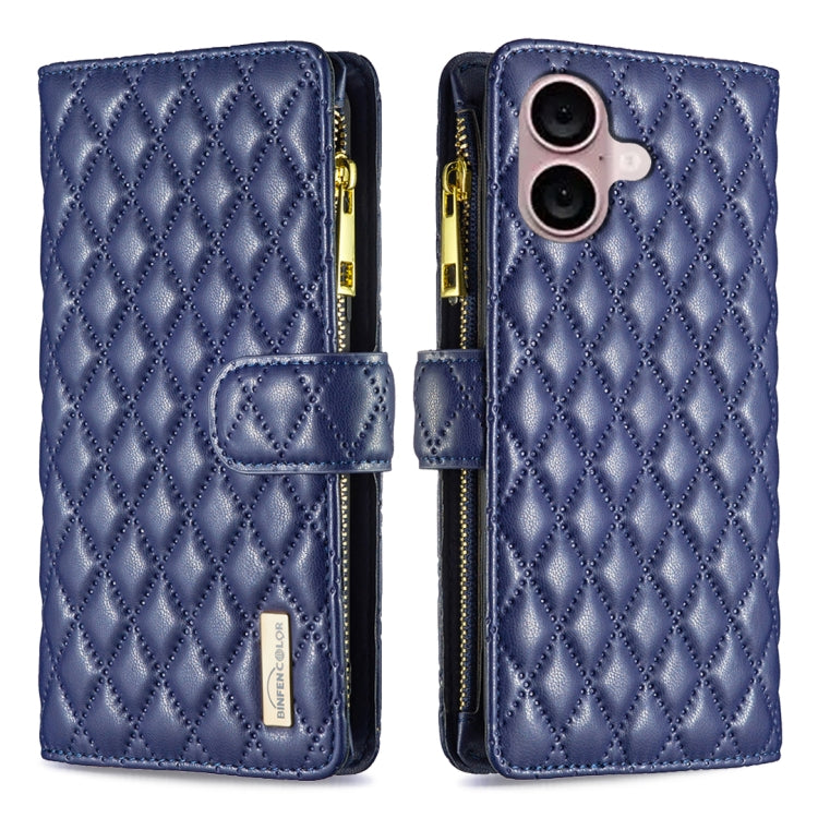 For iPhone 16 Plus Diamond Lattice Zipper Wallet Leather Flip Phone Case(Blue) - iPhone 16 Plus Cases by PMC Jewellery | Online Shopping South Africa | PMC Jewellery | Buy Now Pay Later Mobicred