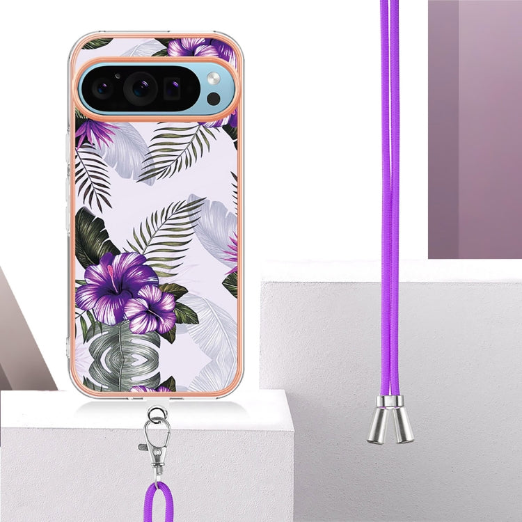 For Google Pixel 9 / 9 Pro Electroplating IMD TPU Phone Case with Lanyard(Purple Flower) - Google Cases by PMC TechLife | Online Shopping South Africa | PMC TechLife | Buy Now Pay Later Mobicred