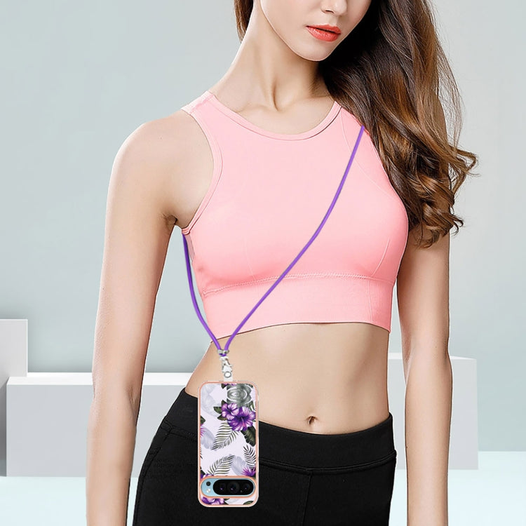 For Google Pixel 9 / 9 Pro Electroplating IMD TPU Phone Case with Lanyard(Purple Flower) - Google Cases by PMC TechLife | Online Shopping South Africa | PMC TechLife | Buy Now Pay Later Mobicred