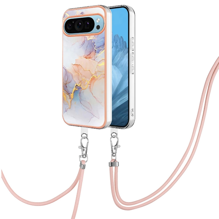For Google Pixel 9 Pro XL Electroplating IMD TPU Phone Case with Lanyard(White Marble) - Google Cases by PMC TechLife | Online Shopping South Africa | PMC TechLife | Buy Now Pay Later Mobicred