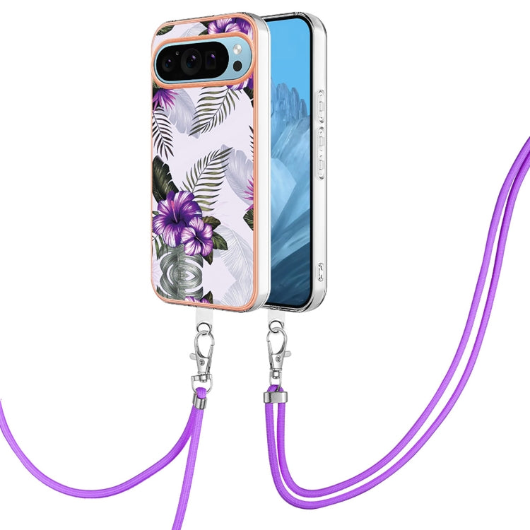 For Google Pixel 9 Pro XL Electroplating IMD TPU Phone Case with Lanyard(Purple Flower) - Google Cases by PMC TechLife | Online Shopping South Africa | PMC TechLife | Buy Now Pay Later Mobicred