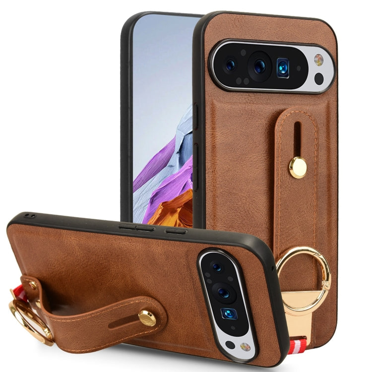 For Google Pixel 9 Wristband Leather Back Phone Case(Brown) - Google Cases by PMC TechLife | Online Shopping South Africa | PMC TechLife | Buy Now Pay Later Mobicred