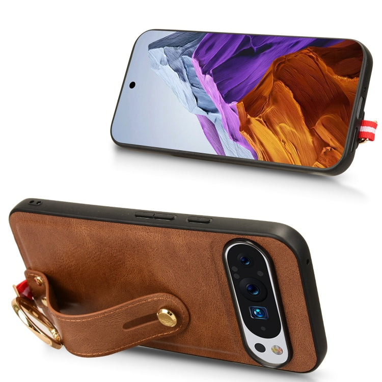 For Google Pixel 9 Wristband Leather Back Phone Case(Brown) - Google Cases by PMC TechLife | Online Shopping South Africa | PMC TechLife | Buy Now Pay Later Mobicred
