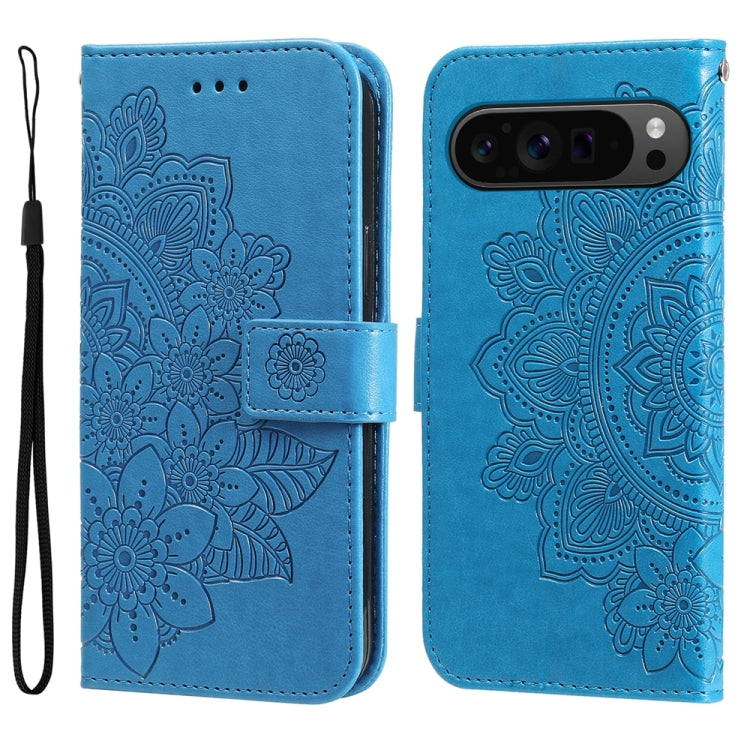 For Google Pixel 9 Pro 7-petal Flowers Embossing Leather Phone Case(Blue) - Google Cases by PMC TechLife | Online Shopping South Africa | PMC TechLife | Buy Now Pay Later Mobicred
