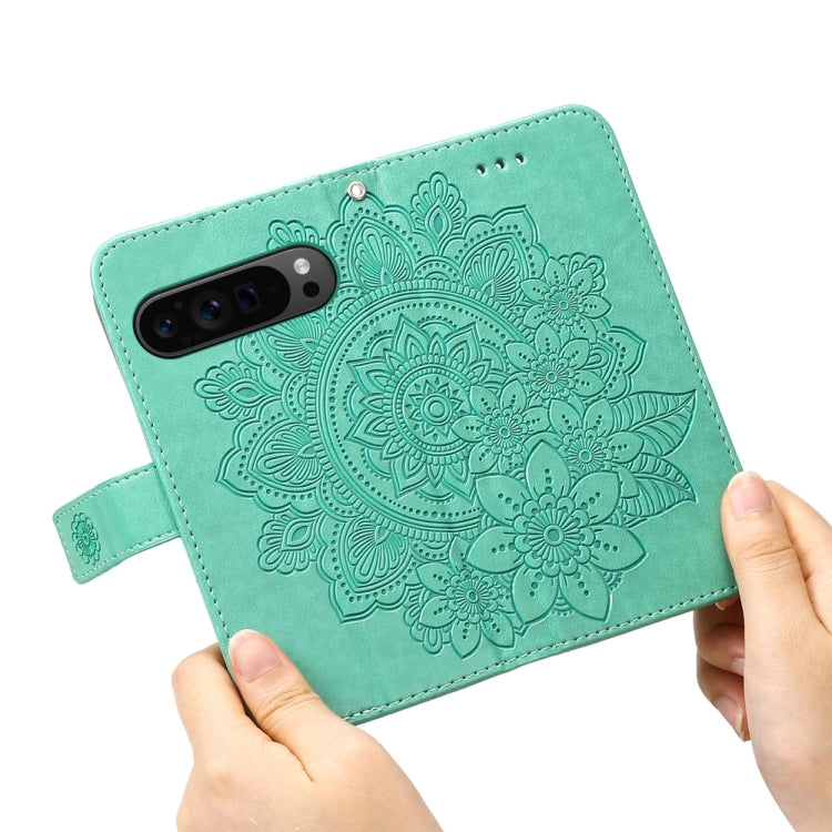 For Google Pixel 9 Pro Seven-petal Flowers Embossing Leather Phone Case(Green) - Google Cases by PMC TechLife | Online Shopping South Africa | PMC TechLife | Buy Now Pay Later Mobicred