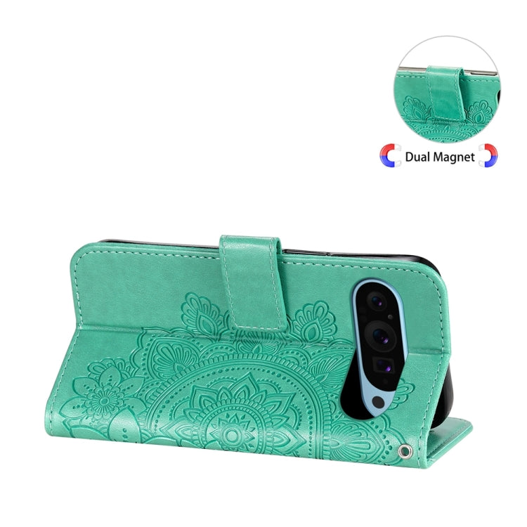 For Google Pixel 9 Seven-petal Flowers Embossing Leather Phone Case(Green) - Google Cases by PMC TechLife | Online Shopping South Africa | PMC TechLife | Buy Now Pay Later Mobicred