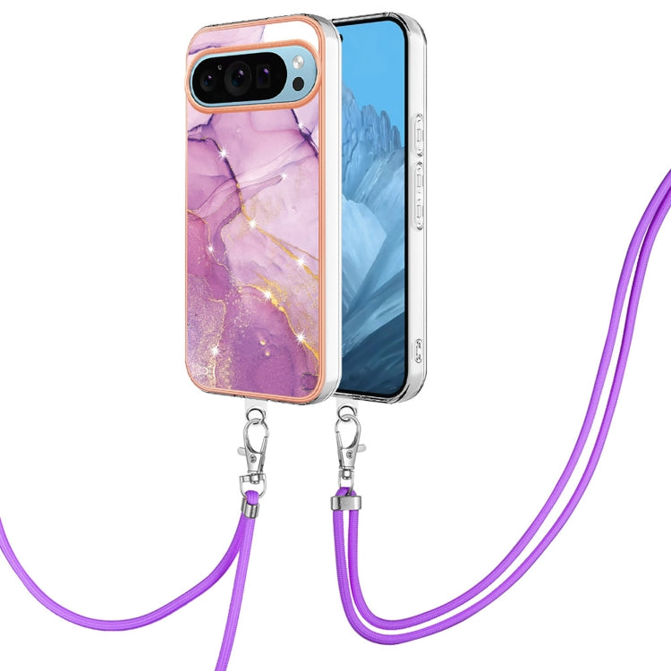 For Google Pixel 9 / 9 Pro Electroplating Marble Dual-side IMD Phone Case with Lanyard(Purple 001) - Google Cases by PMC TechLife | Online Shopping South Africa | PMC TechLife | Buy Now Pay Later Mobicred