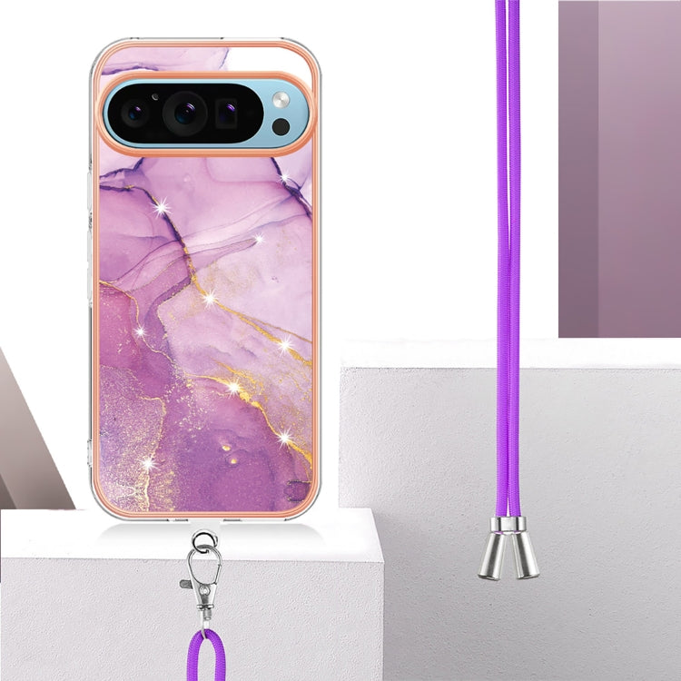For Google Pixel 9 / 9 Pro Electroplating Marble Dual-side IMD Phone Case with Lanyard(Purple 001) - Google Cases by PMC TechLife | Online Shopping South Africa | PMC TechLife | Buy Now Pay Later Mobicred