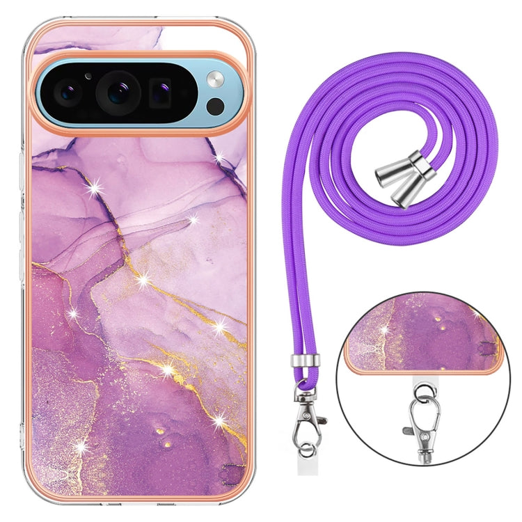 For Google Pixel 9 / 9 Pro Electroplating Marble Dual-side IMD Phone Case with Lanyard(Purple 001) - Google Cases by PMC TechLife | Online Shopping South Africa | PMC TechLife | Buy Now Pay Later Mobicred