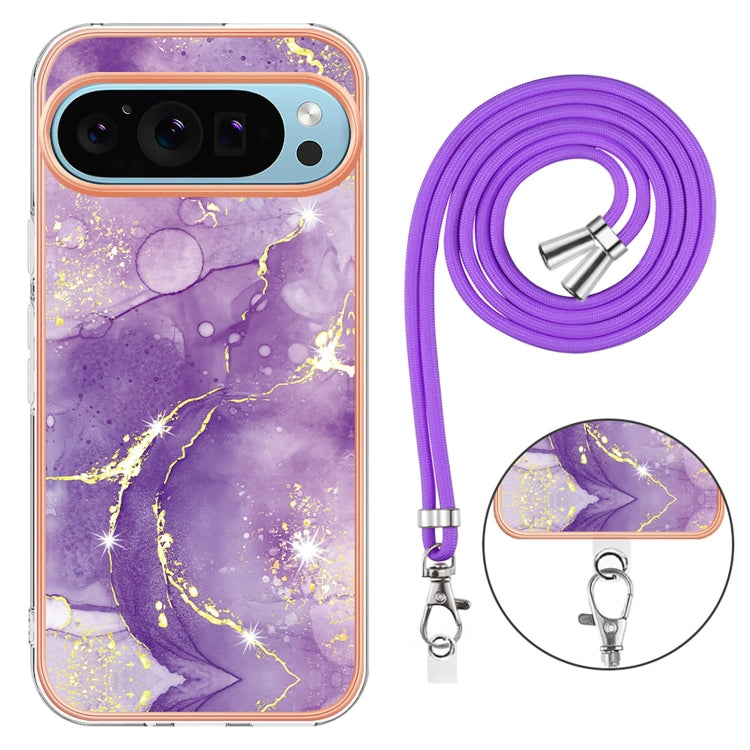 For Google Pixel 9 / 9 Pro Electroplating Marble Dual-side IMD Phone Case with Lanyard(Purple 002) - Google Cases by PMC TechLife | Online Shopping South Africa | PMC TechLife | Buy Now Pay Later Mobicred