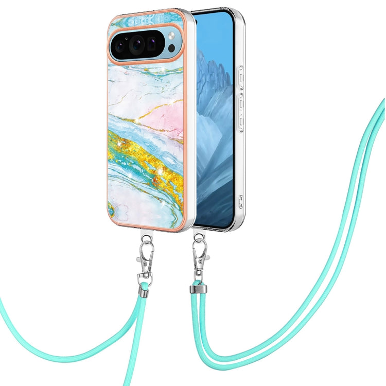 For Google Pixel 9 / 9 Pro Electroplating Marble Dual-side IMD Phone Case with Lanyard(Green 004) - Google Cases by PMC TechLife | Online Shopping South Africa | PMC TechLife | Buy Now Pay Later Mobicred