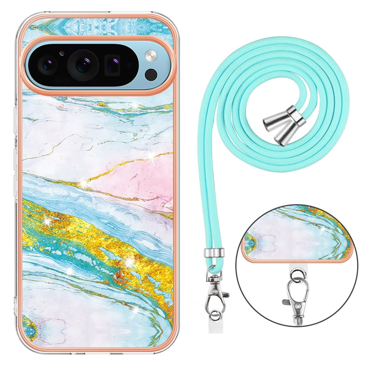 For Google Pixel 9 / 9 Pro Electroplating Marble Dual-side IMD Phone Case with Lanyard(Green 004) - Google Cases by PMC TechLife | Online Shopping South Africa | PMC TechLife | Buy Now Pay Later Mobicred