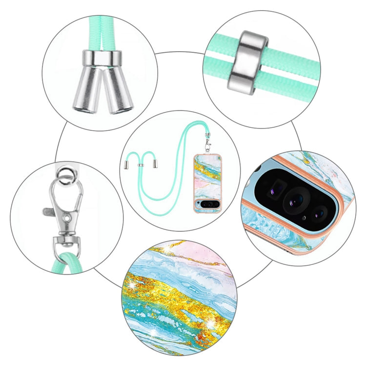 For Google Pixel 9 / 9 Pro Electroplating Marble Dual-side IMD Phone Case with Lanyard(Green 004) - Google Cases by PMC TechLife | Online Shopping South Africa | PMC TechLife | Buy Now Pay Later Mobicred