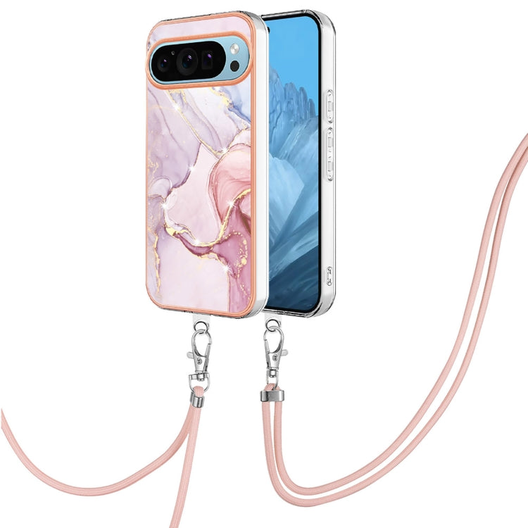 For Google Pixel 9 / 9 Pro Electroplating Marble Dual-side IMD Phone Case with Lanyard(Rose Gold 005) - Google Cases by PMC TechLife | Online Shopping South Africa | PMC TechLife | Buy Now Pay Later Mobicred
