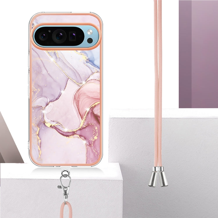 For Google Pixel 9 / 9 Pro Electroplating Marble Dual-side IMD Phone Case with Lanyard(Rose Gold 005) - Google Cases by PMC TechLife | Online Shopping South Africa | PMC TechLife | Buy Now Pay Later Mobicred