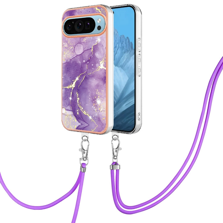 For Google Pixel 9 Pro XL Electroplating Marble Dual-side IMD Phone Case with Lanyard(Purple 002) - Google Cases by PMC TechLife | Online Shopping South Africa | PMC TechLife | Buy Now Pay Later Mobicred