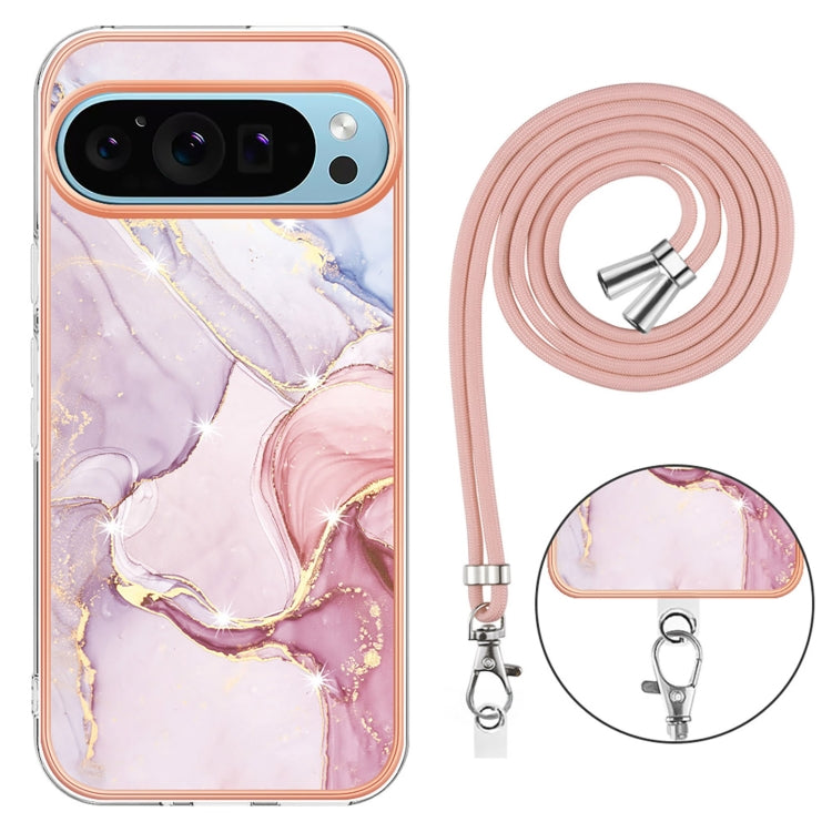For Google Pixel 9 Pro XL Electroplating Marble Dual-side IMD Phone Case with Lanyard(Rose Gold 005) - Google Cases by PMC TechLife | Online Shopping South Africa | PMC TechLife | Buy Now Pay Later Mobicred
