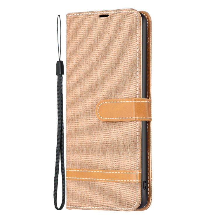 For iPhone 16 Color Block Denim Texture Leather Phone Case(Brown) - iPhone 16 Cases by PMC TechLife | Online Shopping South Africa | PMC TechLife | Buy Now Pay Later Mobicred