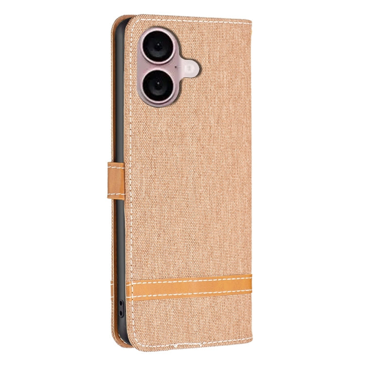 For iPhone 16 Color Block Denim Texture Leather Phone Case(Brown) - iPhone 16 Cases by PMC TechLife | Online Shopping South Africa | PMC TechLife | Buy Now Pay Later Mobicred