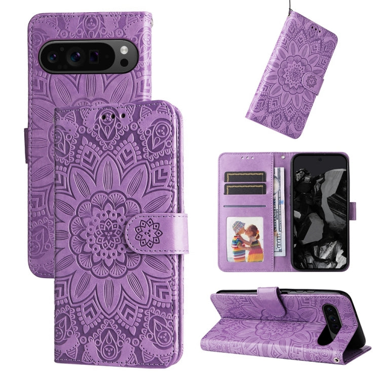 For Google Pixel 9 Pro Embossed Sunflower Leather Phone Case(Purple) - Google Cases by PMC TechLife | Online Shopping South Africa | PMC TechLife | Buy Now Pay Later Mobicred