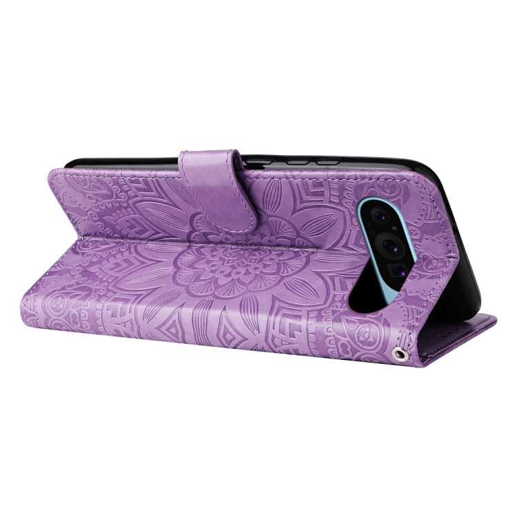 For Google Pixel 9 Embossed Sunflower Leather Phone Case(Purple) - Google Cases by PMC TechLife | Online Shopping South Africa | PMC TechLife | Buy Now Pay Later Mobicred